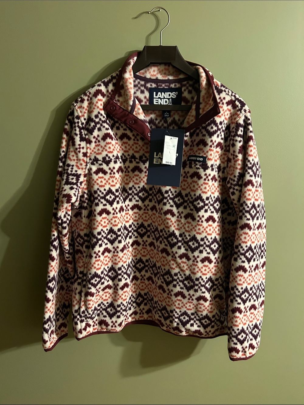 Lands' End Cream Multi-Color Patterned Zip-Up Fleece Pullover